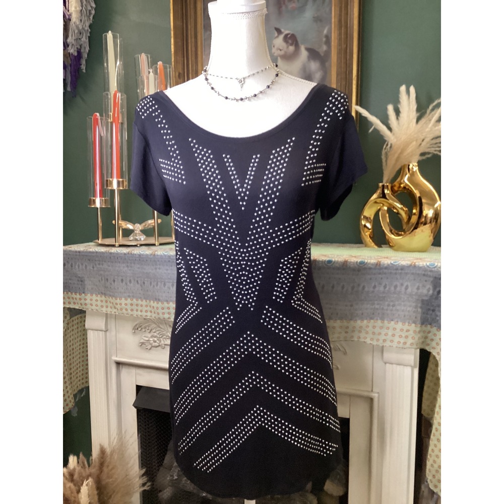Rock & Republic Black Studded Geometric Tunic Top Women Large Short Sleeve‎